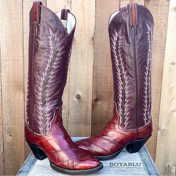 Larry Mahan Shoes - LARRY MAHAN Vintage Eel Exotic Tall Knee High Red Cowgirl Cowboy Western Boots